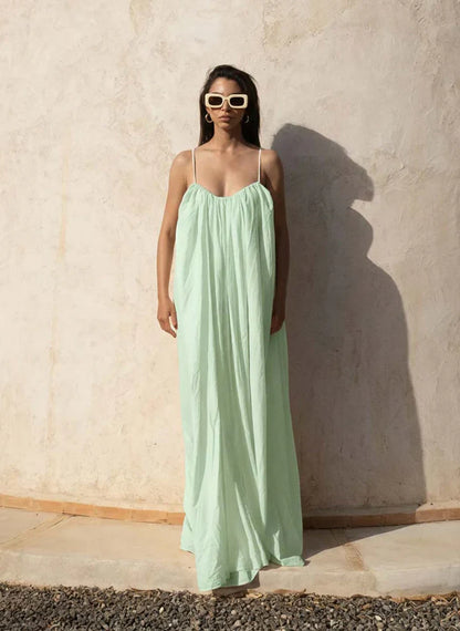 Gathered Maxi Dress With Spaghetti Straps Green