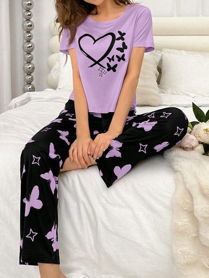 Purple Printed Pajama Night Suit  Heart Print