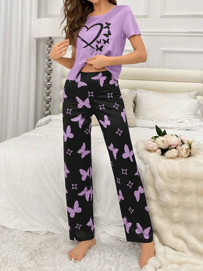 Purple Printed Pajama Night Suit  Heart Print