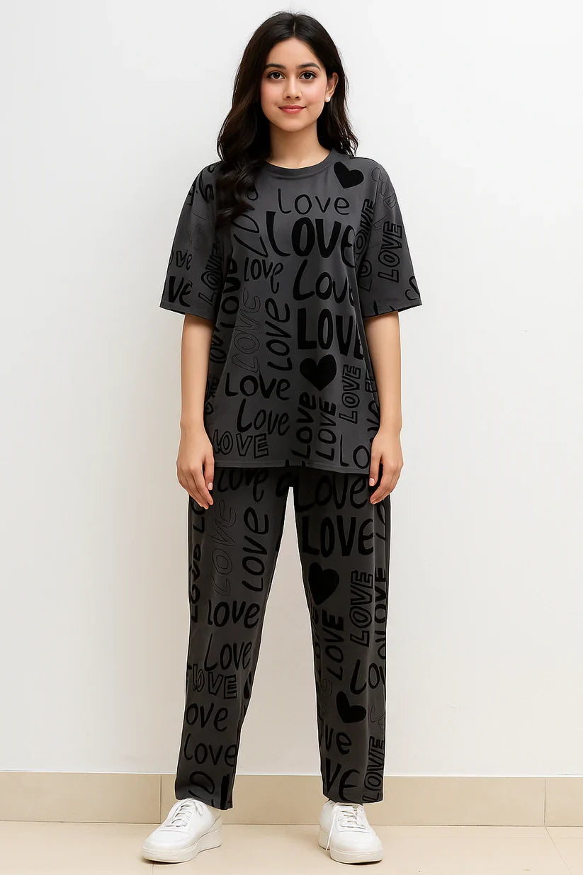 Charcoal Drop Shoulder Love PJs Set