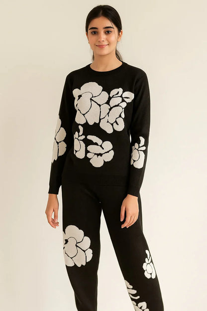 Black Floral Knit Winter Track Suit