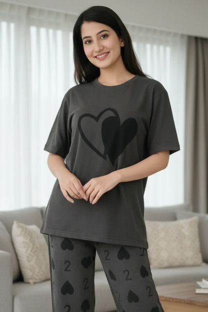 Grey Double Heart Full Sleeve Printed Night Suits
